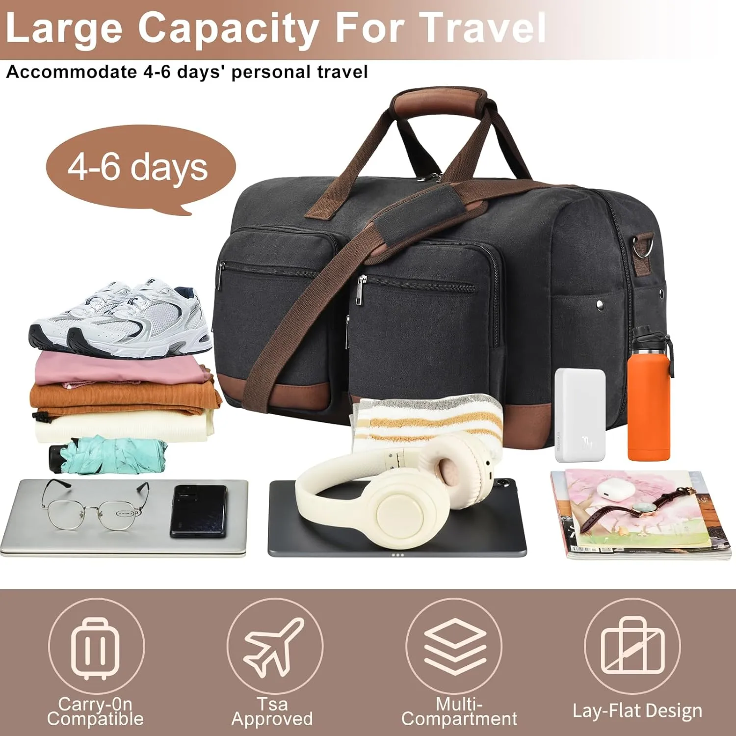 Duffle Bag for Travel, Canvas Travel Duffel Bags with Lay-Flat Design, Large Travel Duffle Overnight Weekend Gym Carry On Duffel Bag for Men & Women(Black Toiletry Bag)