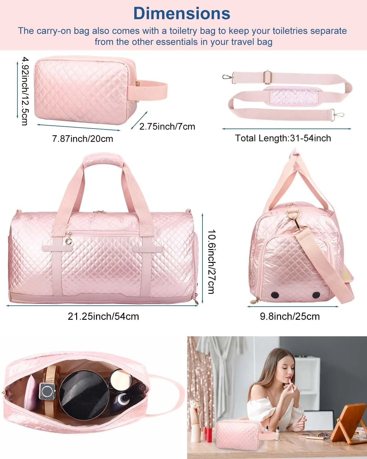 Duffle Bag for Travel - Weekender Bag with Cosmetic Bag Overnight Bag for Women with Shoe Compartment 37L Carry On Gym Bag with Wet Pocket Business Trips Sports Hospital Bags for Labor and Delivery