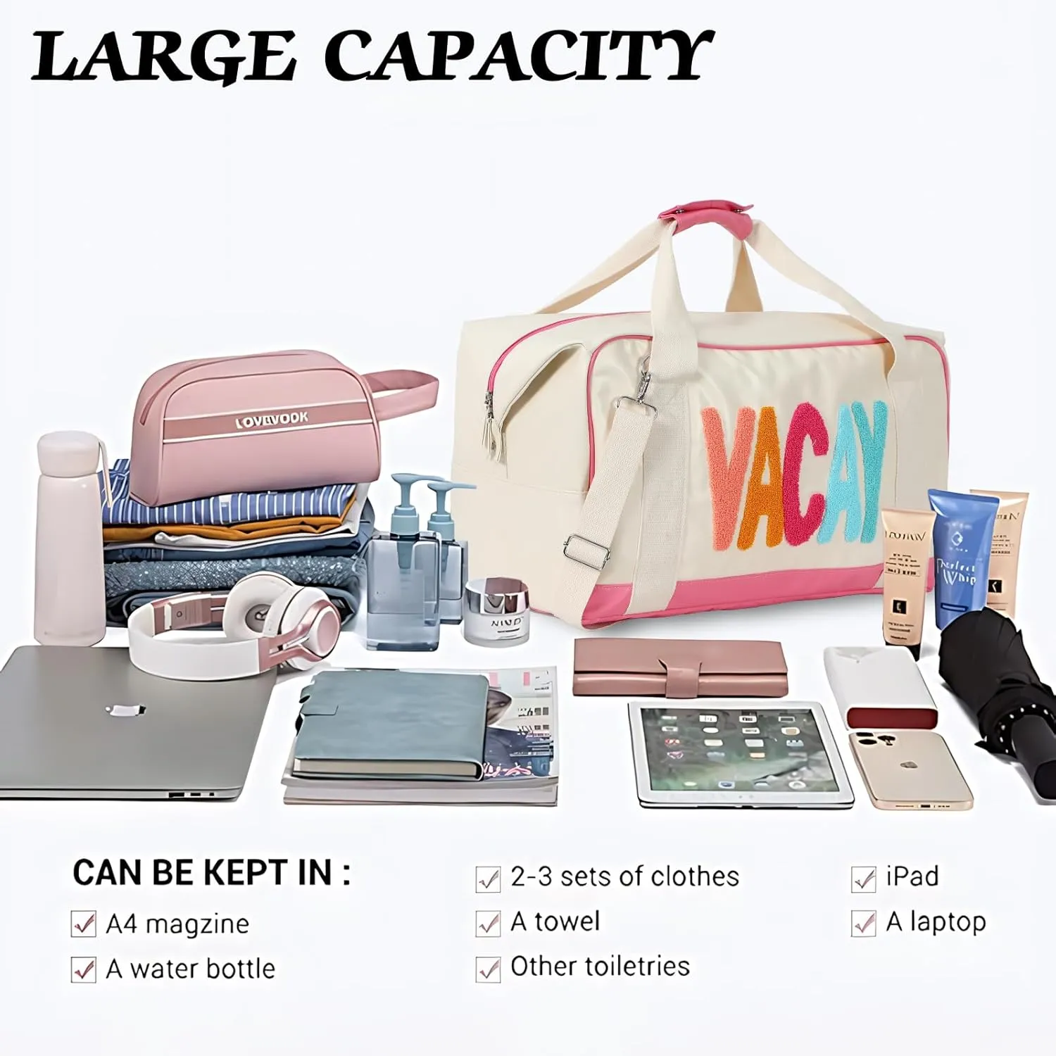 DYSHAYEN Chenille Letter Travel Duffle Bag Large PU Leather Weekender Overnight Bag for Women Carry on Bags Travel ToteVacay