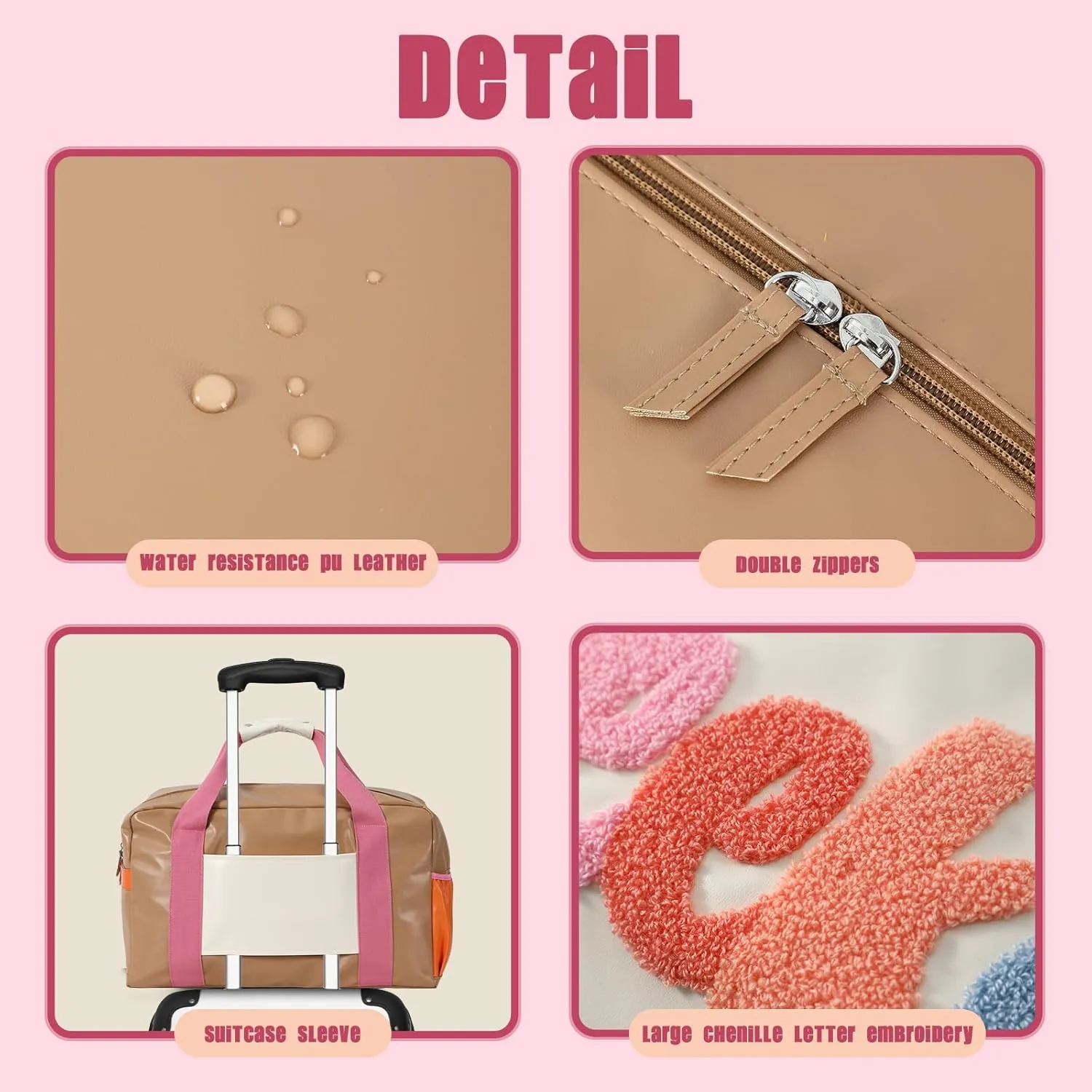 DYSHAYEN Chenille Letter Travel Duffle Bag Large PU Leather Weekender Overnight Bag for Women Carry on Bags Travel ToteWeekend (A)