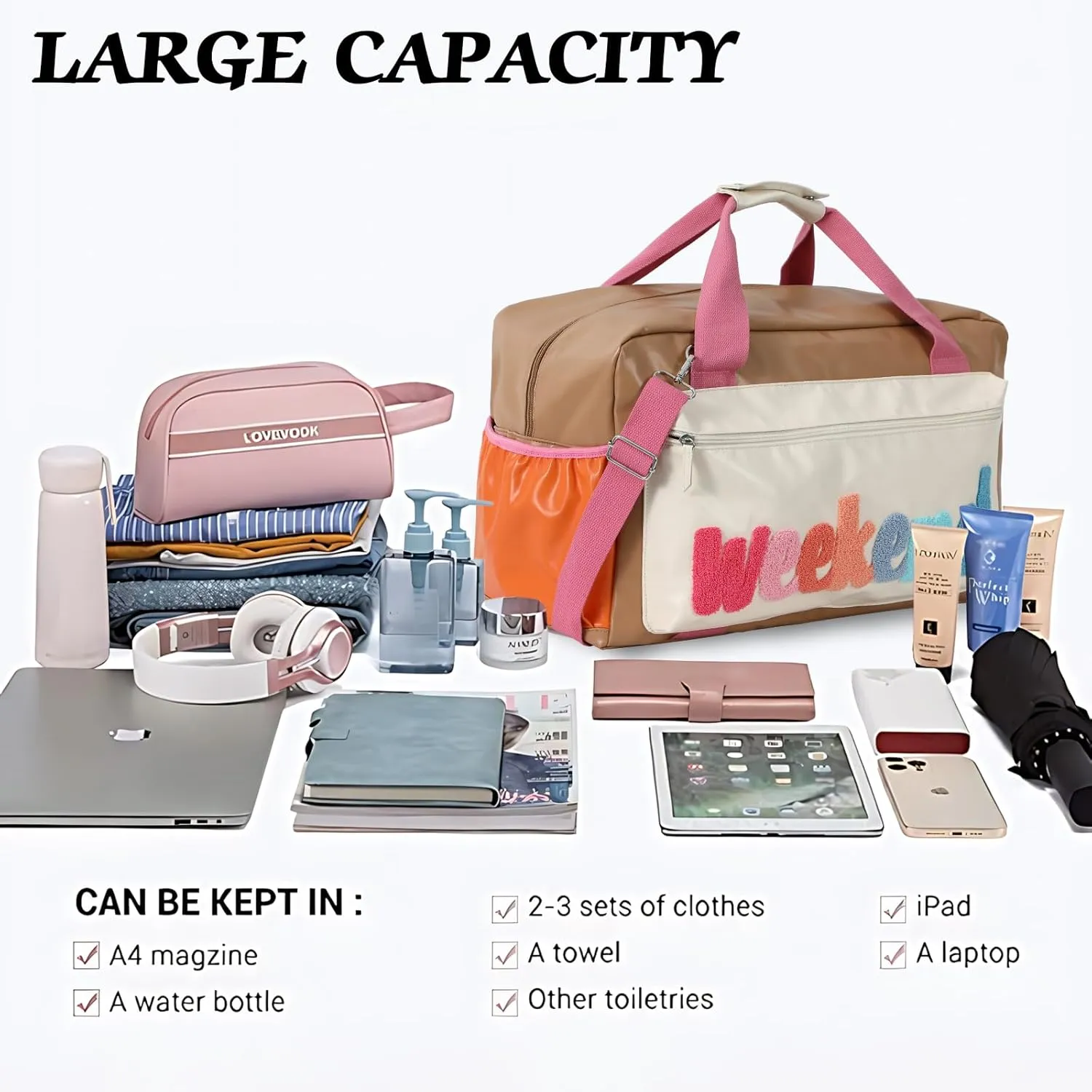 DYSHAYEN Chenille Letter Travel Duffle Bag Large PU Leather Weekender Overnight Bag for Women Carry on Bags Travel ToteWeekend (A)