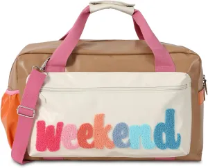 DYSHAYEN Chenille Letter Travel Duffle Bag Large PU Leather Weekender Overnight Bag for Women Carry on Bags Travel ToteWeekend (A)