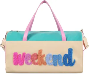 DYSHAYEN Chenille Letter Travel Duffle Bag Large PU Leather Weekender Overnight Bag for Women Carry on Bags Travel ToteWeekender