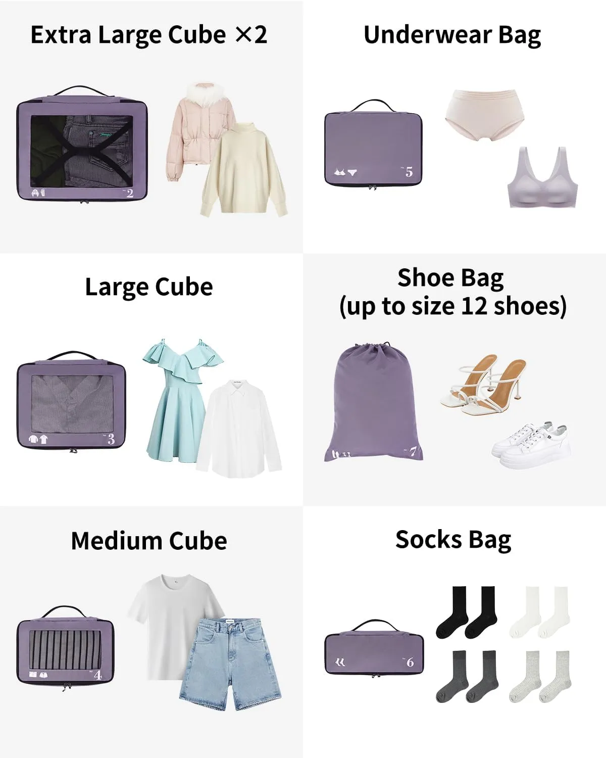 ECOHUB 7 Set Packing Cubes Tear-Resistant Luggage Packing Organizers with Number Icon for Travel Accessories Luggage Suitcase Machine Washable Packing Cubes (Purple)