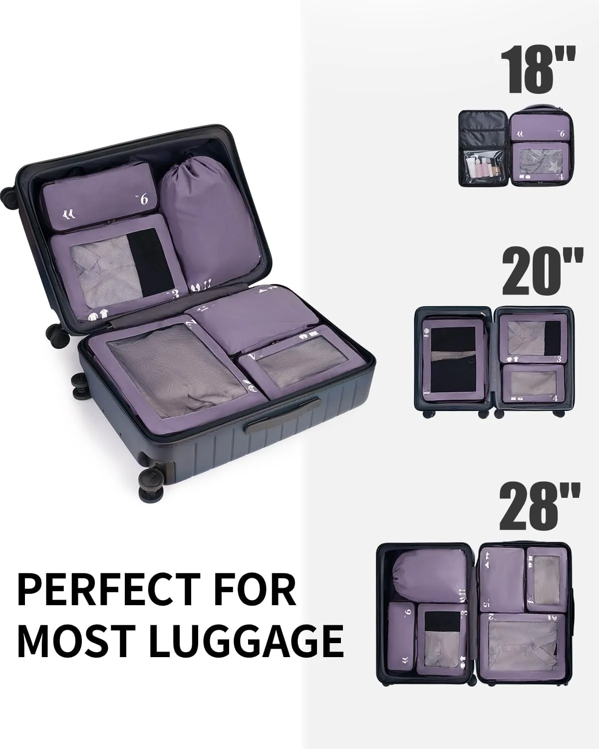 ECOHUB 7 Set Packing Cubes Tear-Resistant Luggage Packing Organizers with Number Icon for Travel Accessories Luggage Suitcase Machine Washable Packing Cubes (Purple)