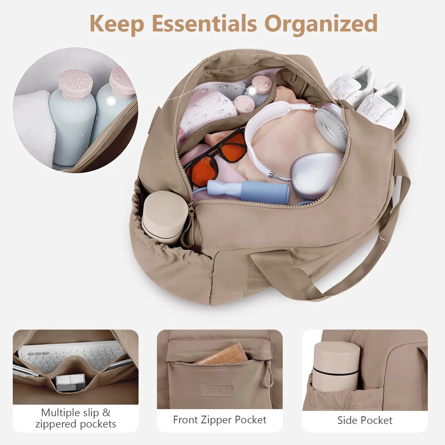 ETRONIK 3-IN-1 Gym Bag for Women, TSA Lightweight Weekender Bags for Women, Travel Duffle Bag for Travel with Shoe Compartment & Wet Pocket, Water Resistant Gym Duffle Backpack, Khaki