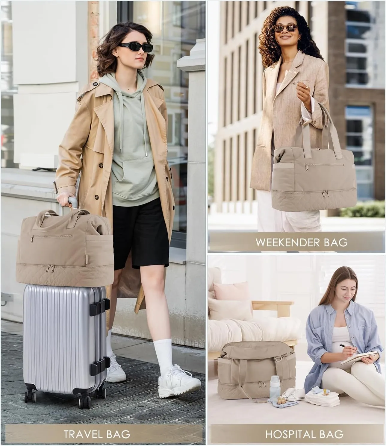 ETRONIK Weekender Bags for Women Travel, Personal Item Bag with Shoe Compartment, Carry On Overnight Bag with Wet Pocket, Gym Duffel Bag for Travel, Sports, Weekend, Hospital Camel