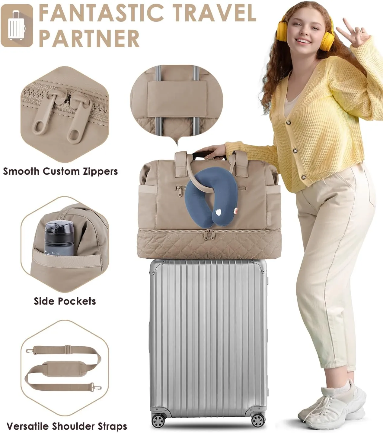 ETRONIK Weekender Bags for Women Travel, Personal Item Bag with Shoe Compartment, Carry On Overnight Bag with Wet Pocket, Gym Duffel Bag for Travel, Sports, Weekend, Hospital Camel