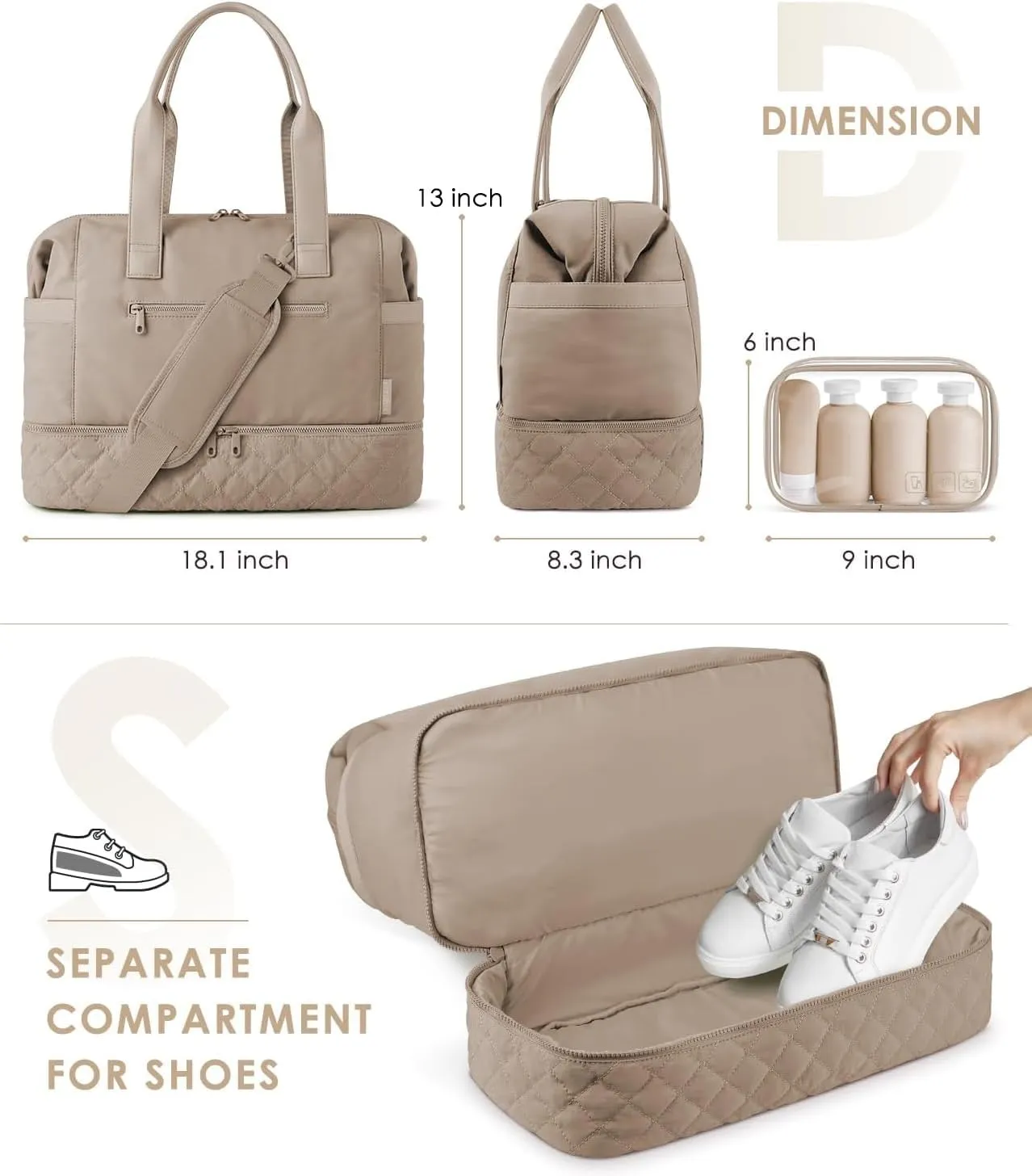 ETRONIK Weekender Bags for Women Travel, Personal Item Bag with Shoe Compartment, Carry On Overnight Bag with Wet Pocket, Gym Duffel Bag for Travel, Sports, Weekend, Hospital Camel