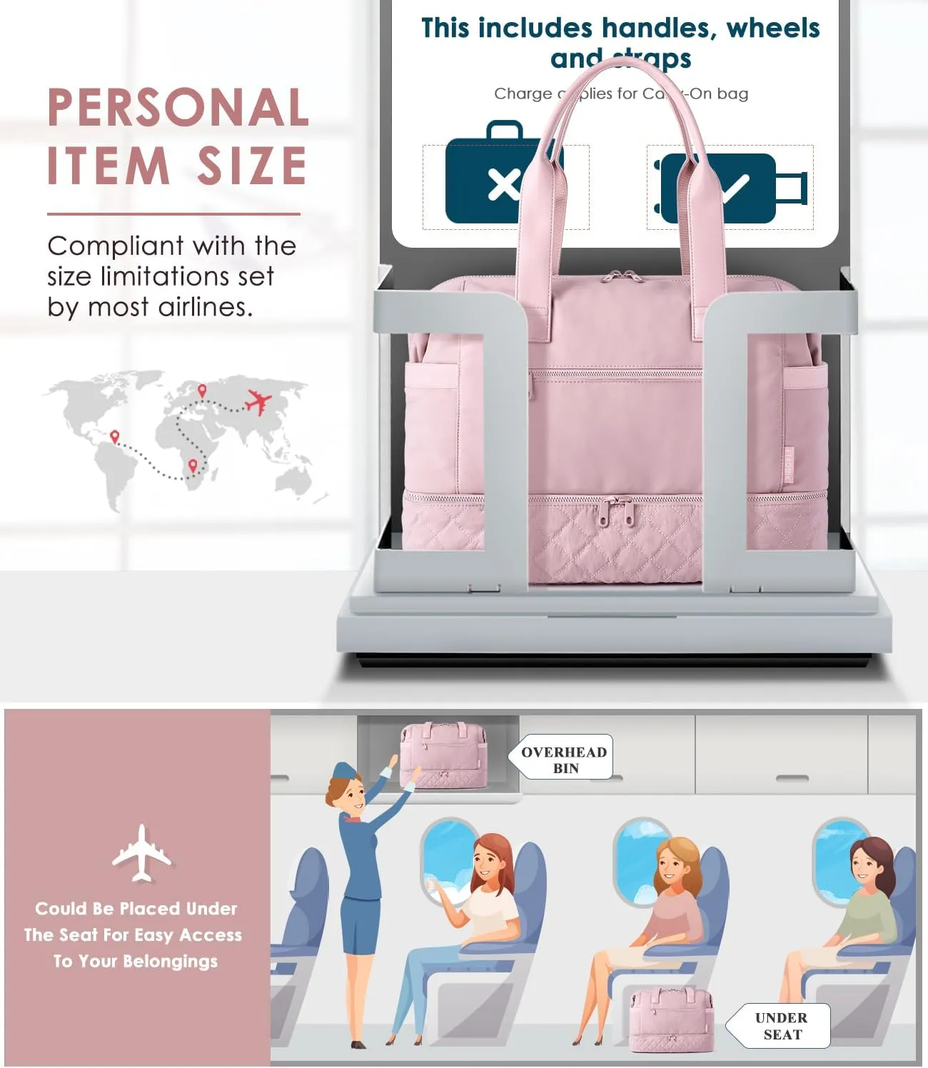 ETRONIK Weekender Bags for Women Travel, Personal Item Travel Bag with Shoe Compartment, Carry On Overnight Bag with Wet Pocket, Gym Duffel Bag for Travel, Sports, Weekend, Hospital Pink