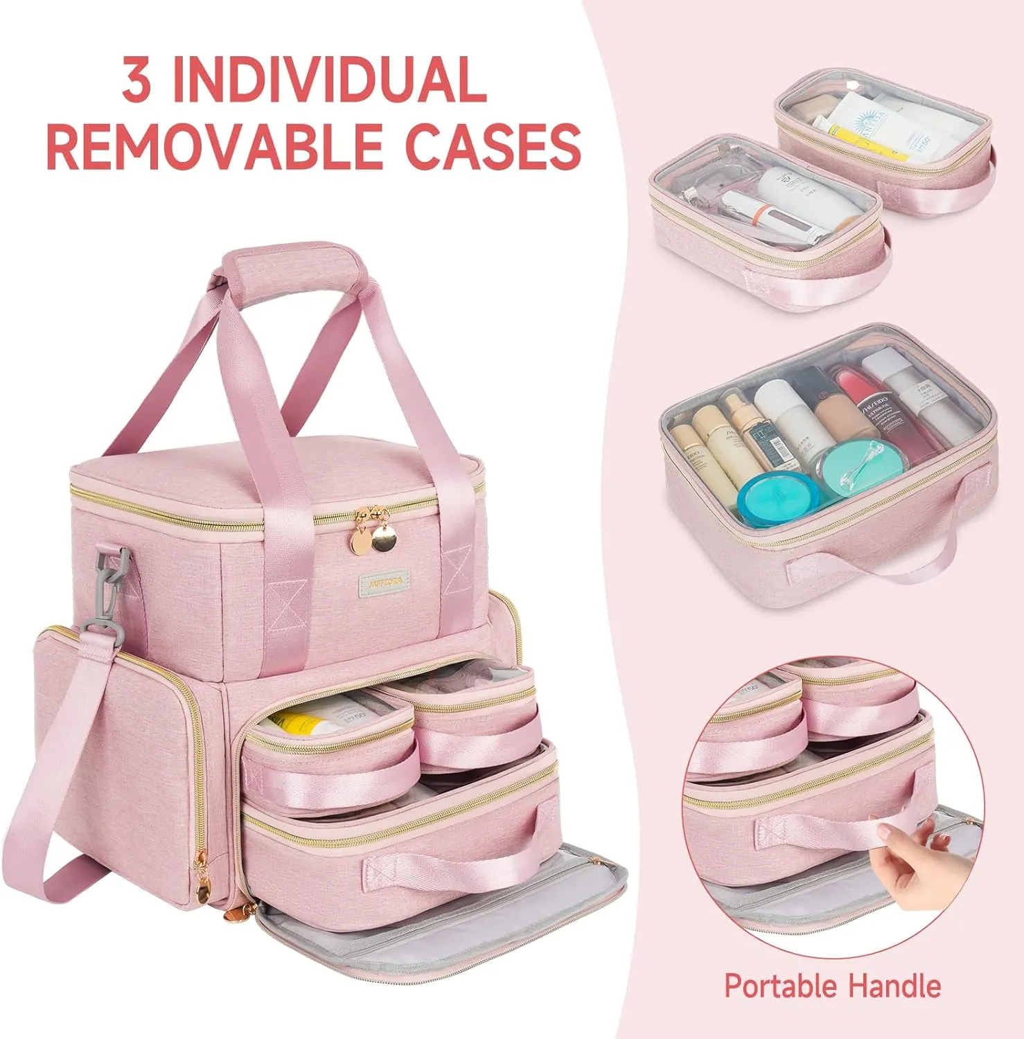 Extra Large Makeup Bag,4 in 1 Cosmetic Storage Organizer Travel Case with Detachable Pouches and Dividers,Pink