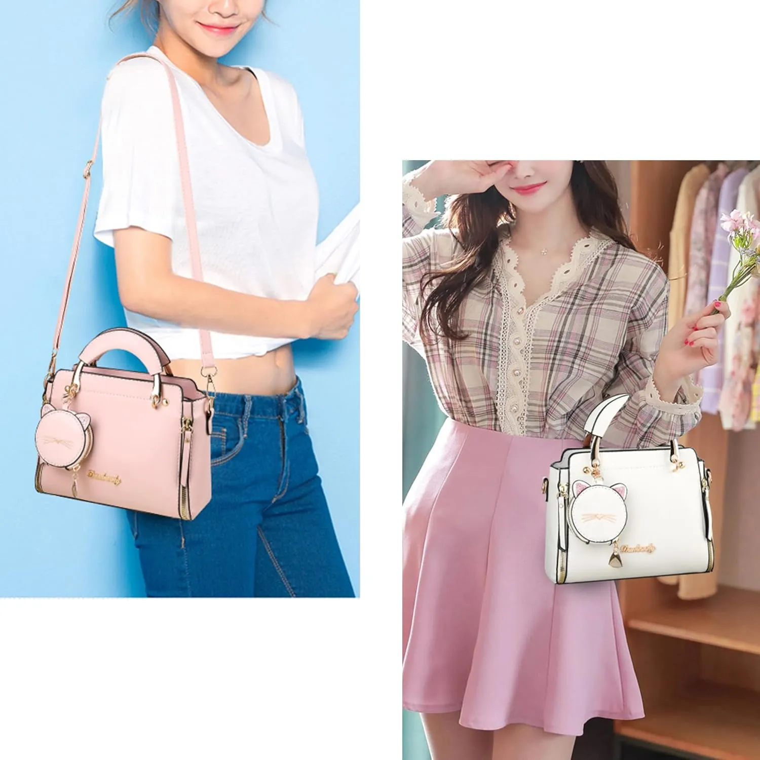 Fashion Purses and Handbags for Women Top Handle Ladies Satchel Shoulder Bags Small Cute Crossbody Bags with Kitty Purse