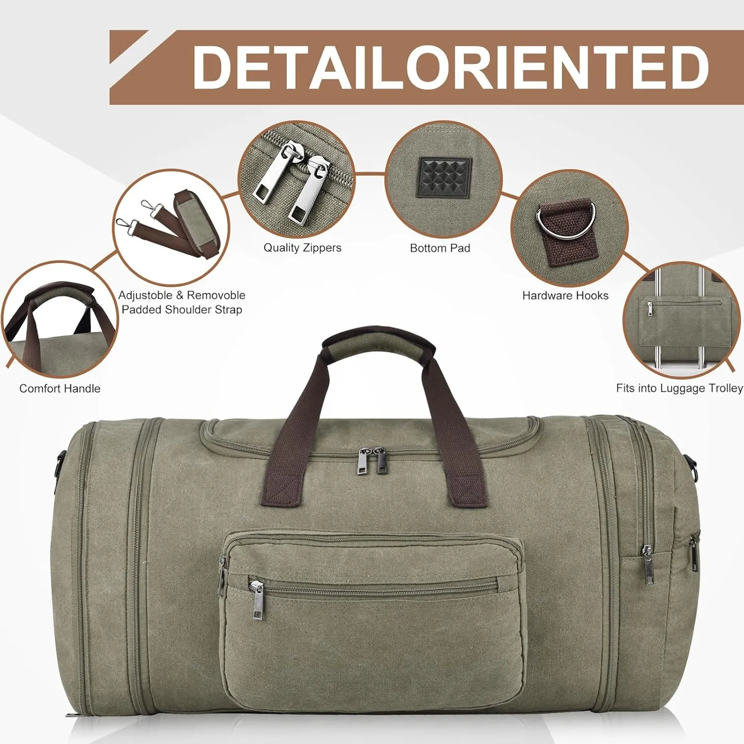 Felipe Varela 60L Duffle Bag for Men, Large Expandable Canvas Duffel Bag for Travel, Mens Carry On Luggage Bag Traveling Weekender Gym Overnight Bags for Airplanes, Green