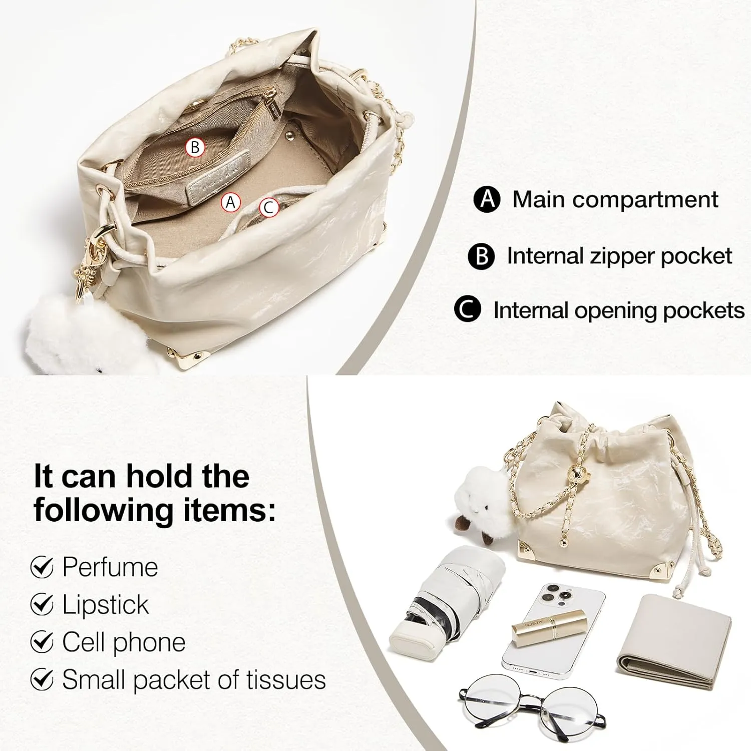 FOXLOVER Chamois Crossbody bags for women Small Bucket Velvet Fabric Soft Leather Purses Design Pearlescent Chain Straps