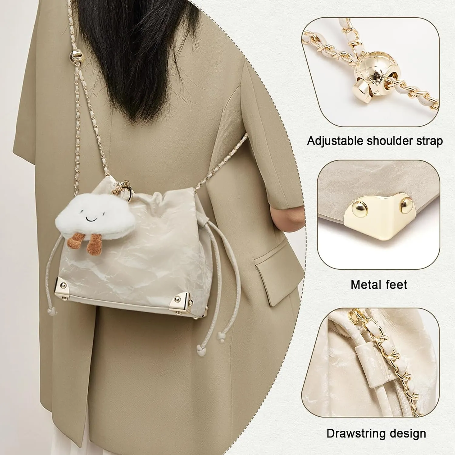 FOXLOVER Chamois Crossbody bags for women Small Bucket Velvet Fabric Soft Leather Purses Design Pearlescent Chain Straps
