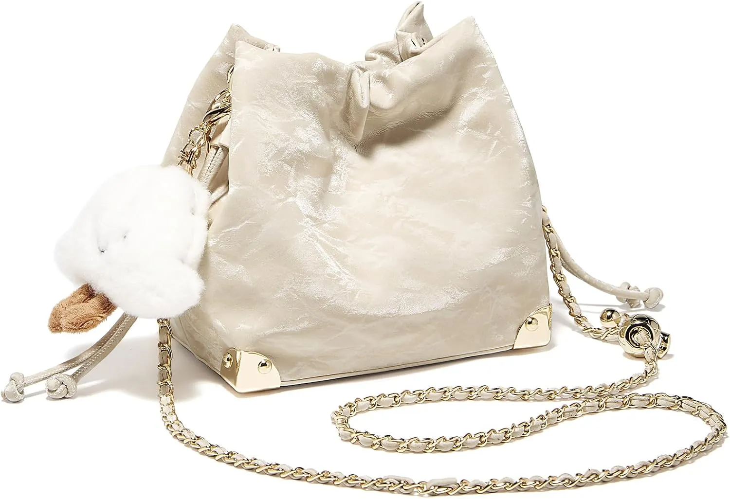 FOXLOVER Chamois Crossbody bags for women Small Bucket Velvet Fabric Soft Leather Purses Design Pearlescent Chain Straps