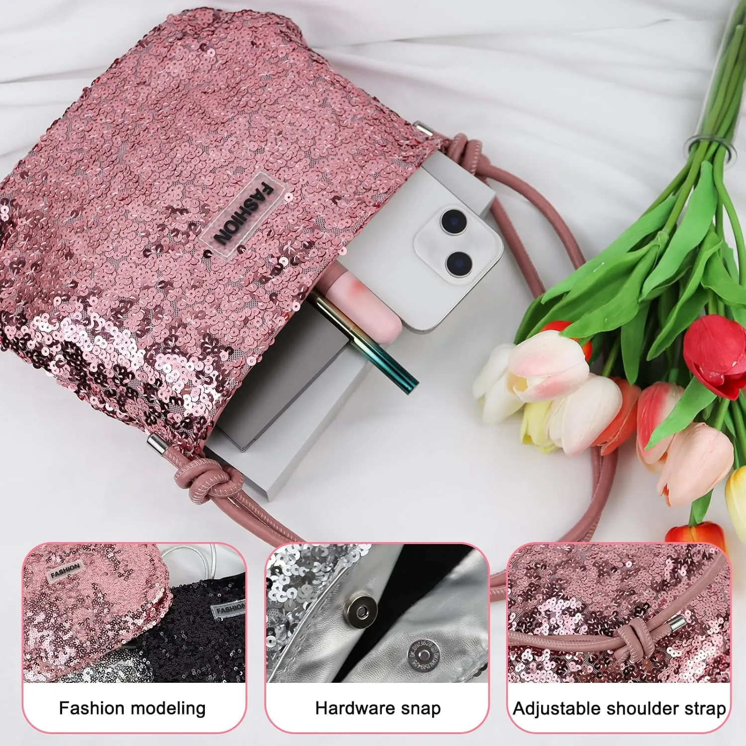 FuninCrea Sequin Shoulder Bag for Women, Womens Handbags Shiny Small Handbag Shoulder Purse Glitter Evening Clutch Bag
