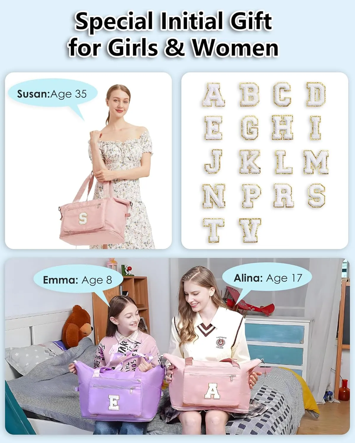 Gifts for Women & Girls-Initial Duffle Bag for Travel, Carry on Bag Duffel Bags, GYM Weekend Overnight Bag with Shoes Compartment,Hospital Bags -Pink V