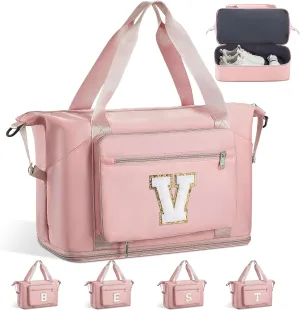 Gifts for Women & Girls-Initial Duffle Bag for Travel, Carry on Bag Duffel Bags, GYM Weekend Overnight Bag with Shoes Compartment,Hospital Bags -Pink V