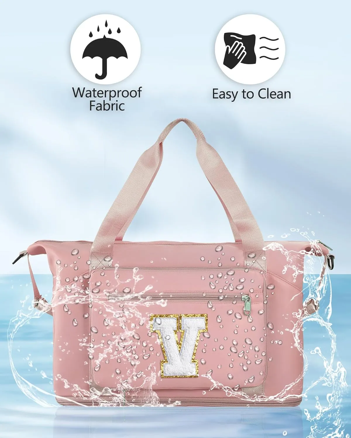 Gifts for Women & Girls-Initial Duffle Bag for Travel, Carry on Bag Duffel Bags, GYM Weekend Overnight Bag with Shoes Compartment,Hospital Bags -Pink V