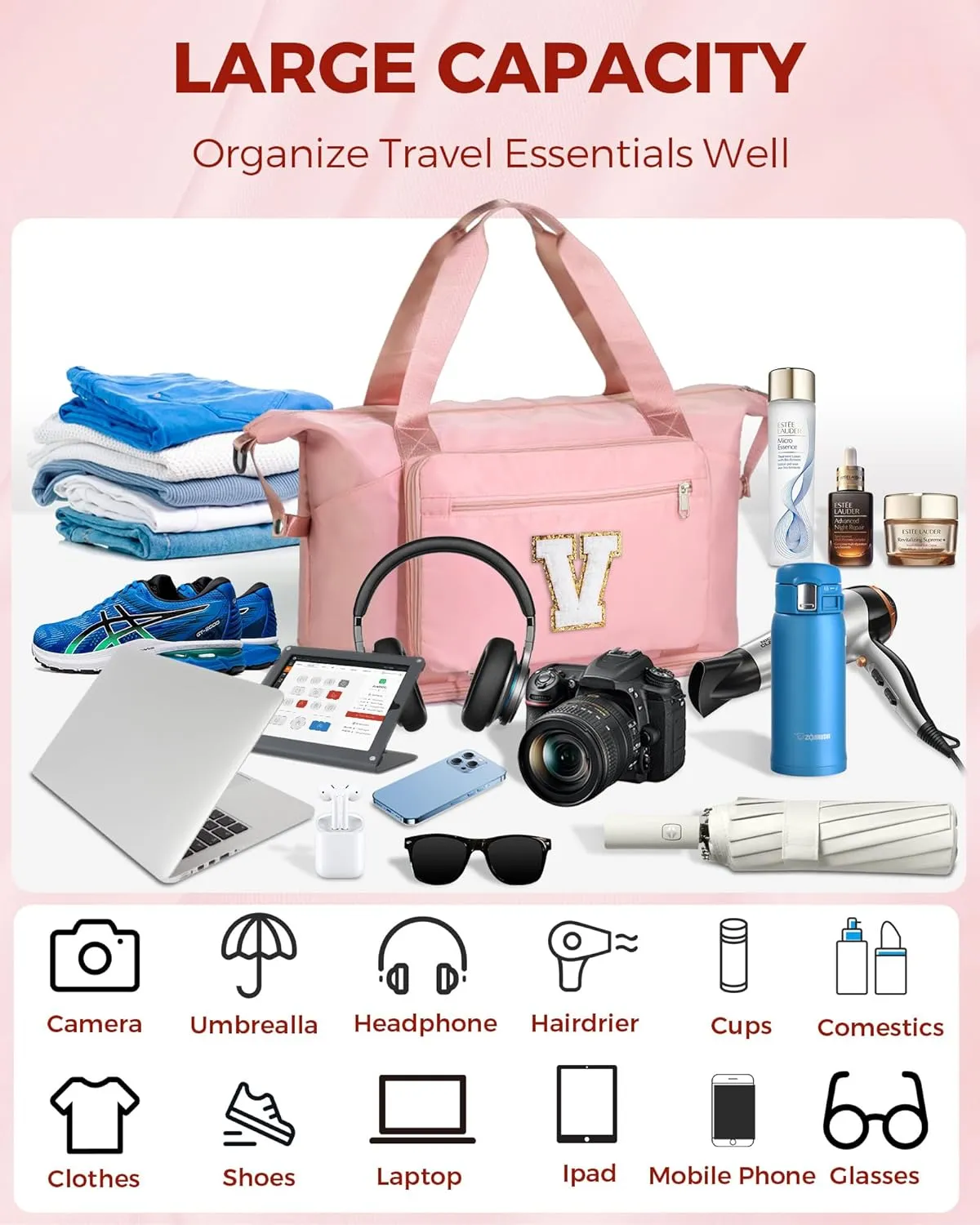 Gifts for Women & Girls-Initial Duffle Bag for Travel, Carry on Bag Duffel Bags, GYM Weekend Overnight Bag with Shoes Compartment,Hospital Bags -Pink V