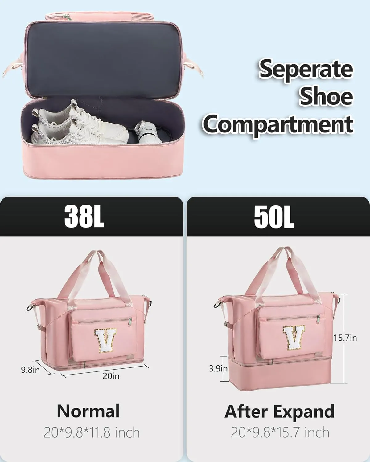Gifts for Women & Girls-Initial Duffle Bag for Travel, Carry on Bag Duffel Bags, GYM Weekend Overnight Bag with Shoes Compartment,Hospital Bags -Pink V