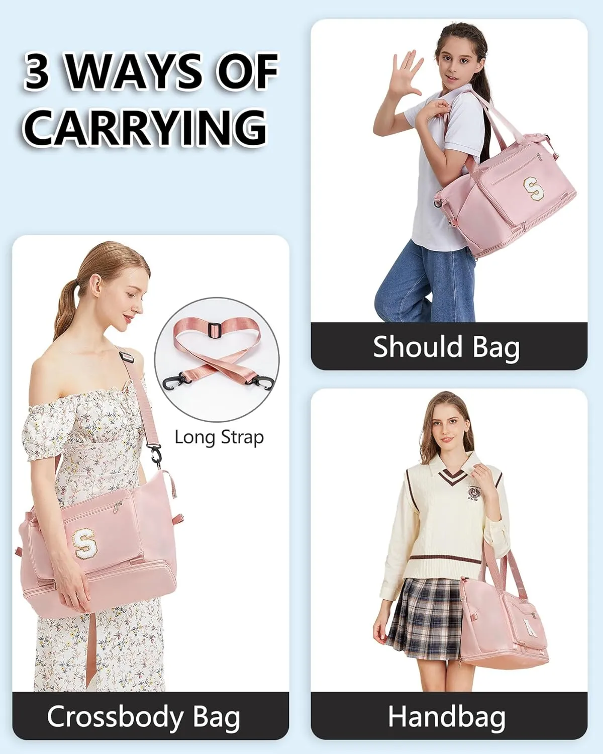 Gifts for Women & Girls-Initial Duffle Bag for Travel, Carry on Bag Duffel Bags, GYM Weekend Overnight Bag with Shoes Compartment,Hospital Bags -Pink V