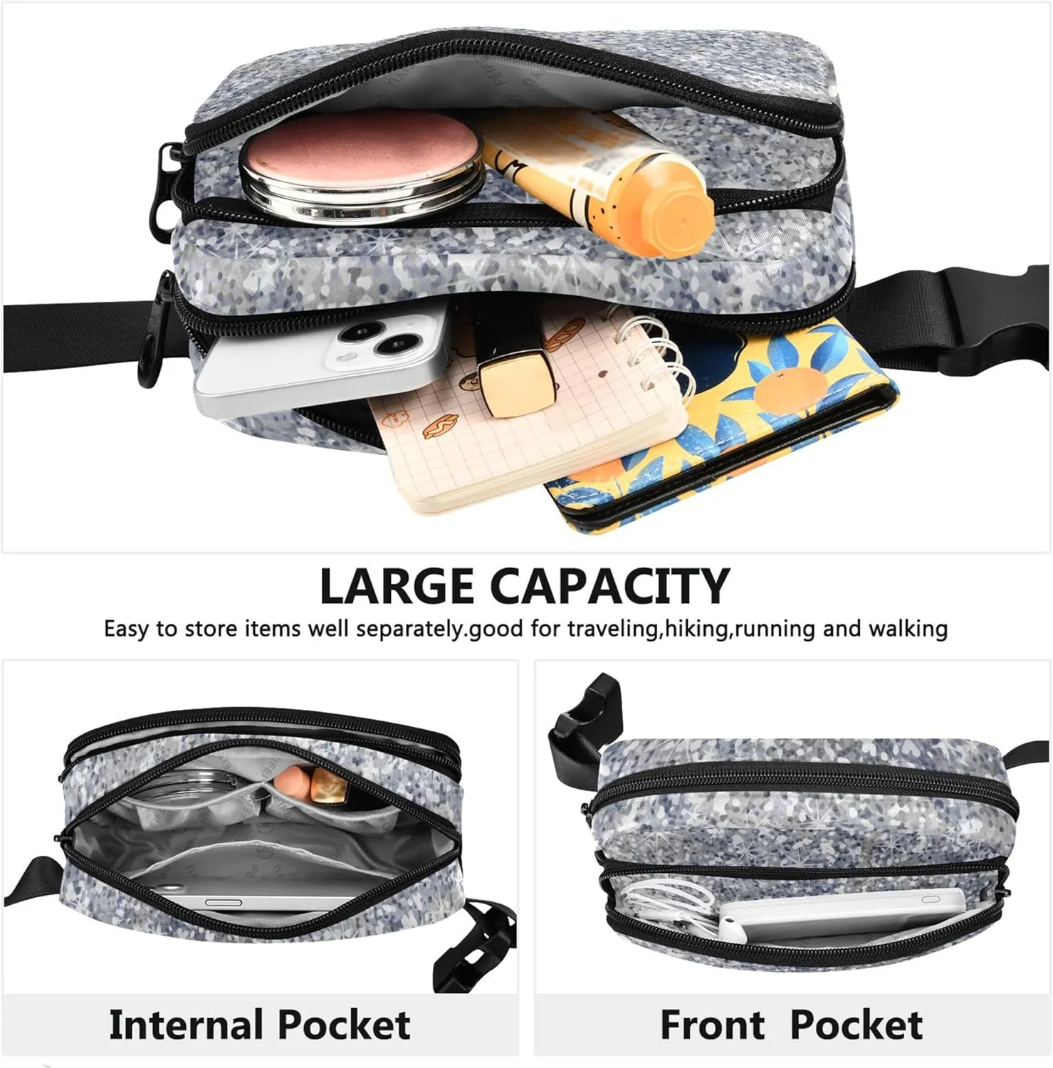 Glitter Silver Shiny Fanny Packs Women Belt Bags Hip Pack Waterproof Designer Waist Pouches for Men