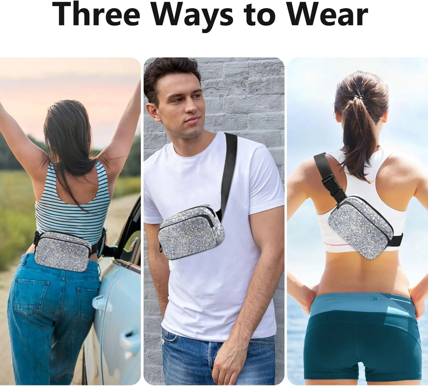 Glitter Silver Shiny Fanny Packs Women Belt Bags Hip Pack Waterproof Designer Waist Pouches for Men