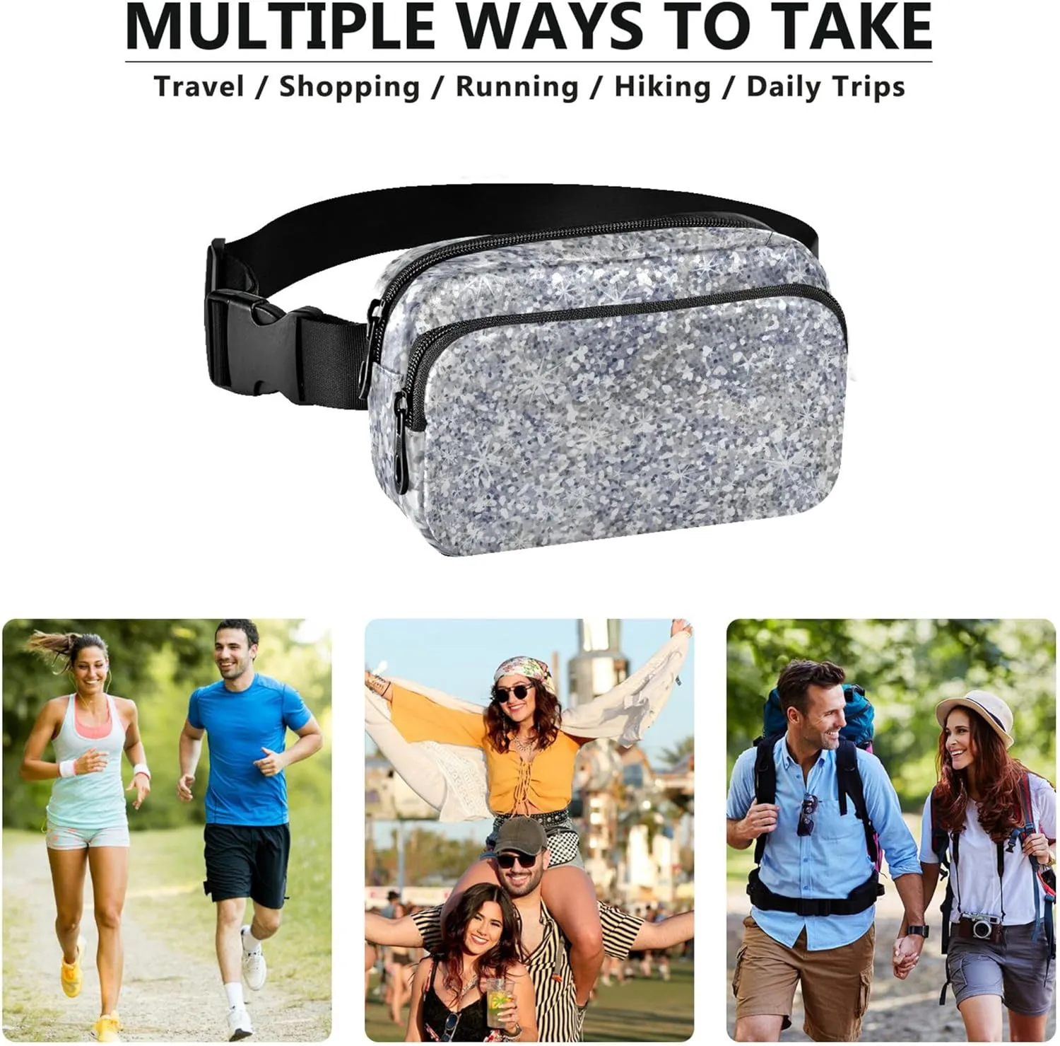 Glitter Silver Shiny Fanny Packs Women Belt Bags Hip Pack Waterproof Designer Waist Pouches for Men