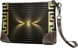 Gold Modern Greek Panel Women Leather Clutch Purse Evening Bag Small Wristlet Wallet Cell Phone Bag