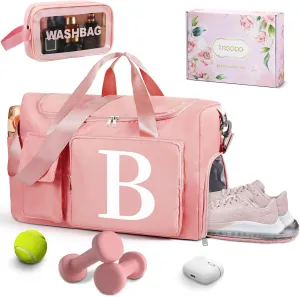 Gym Bag for Women Travel Duffel Bags Weekender Bag with Shoe Compartment, Initial Duffle Bag Women with Makeup Bag, Personalized Birthday Gifts for Women Mom Grandma Sister