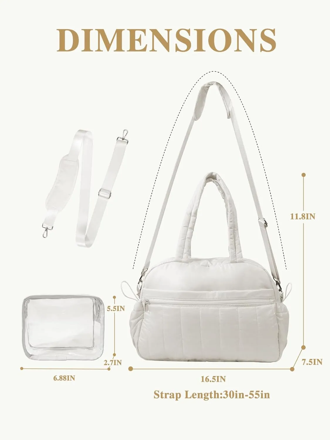 Gym Bag for Women with Wet Pocket, Travel Duffle with Clear Makeup Bag, Carry-On Weekender Overnight Organizer, Water-Resistant for Yoga & Sports, White