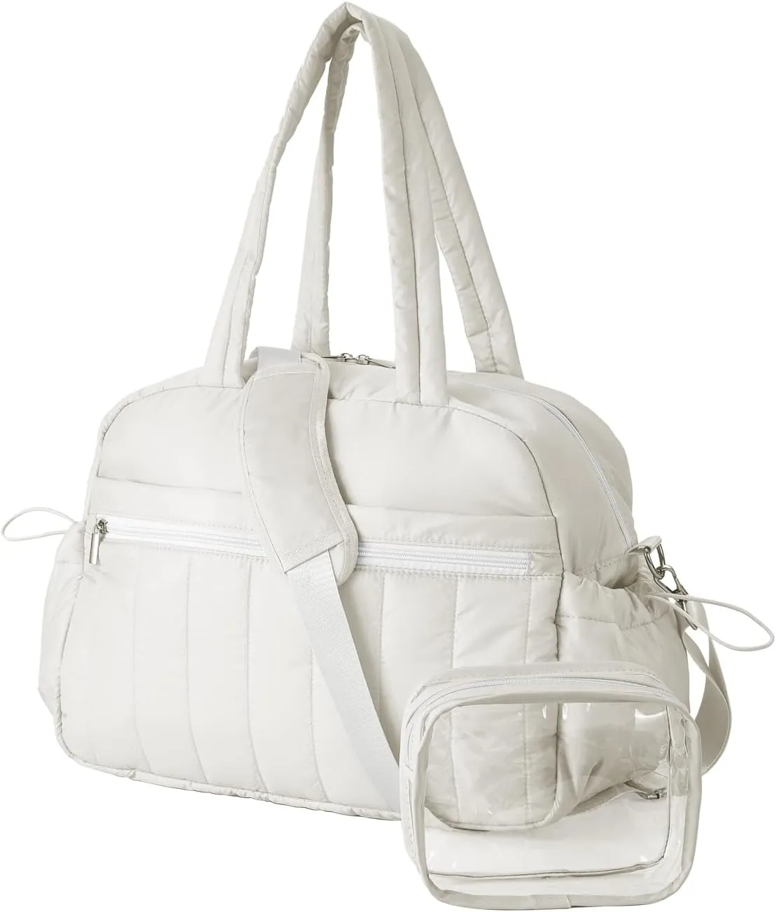 Gym Bag for Women with Wet Pocket, Travel Duffle with Clear Makeup Bag, Carry-On Weekender Overnight Organizer, Water-Resistant for Yoga & Sports, White