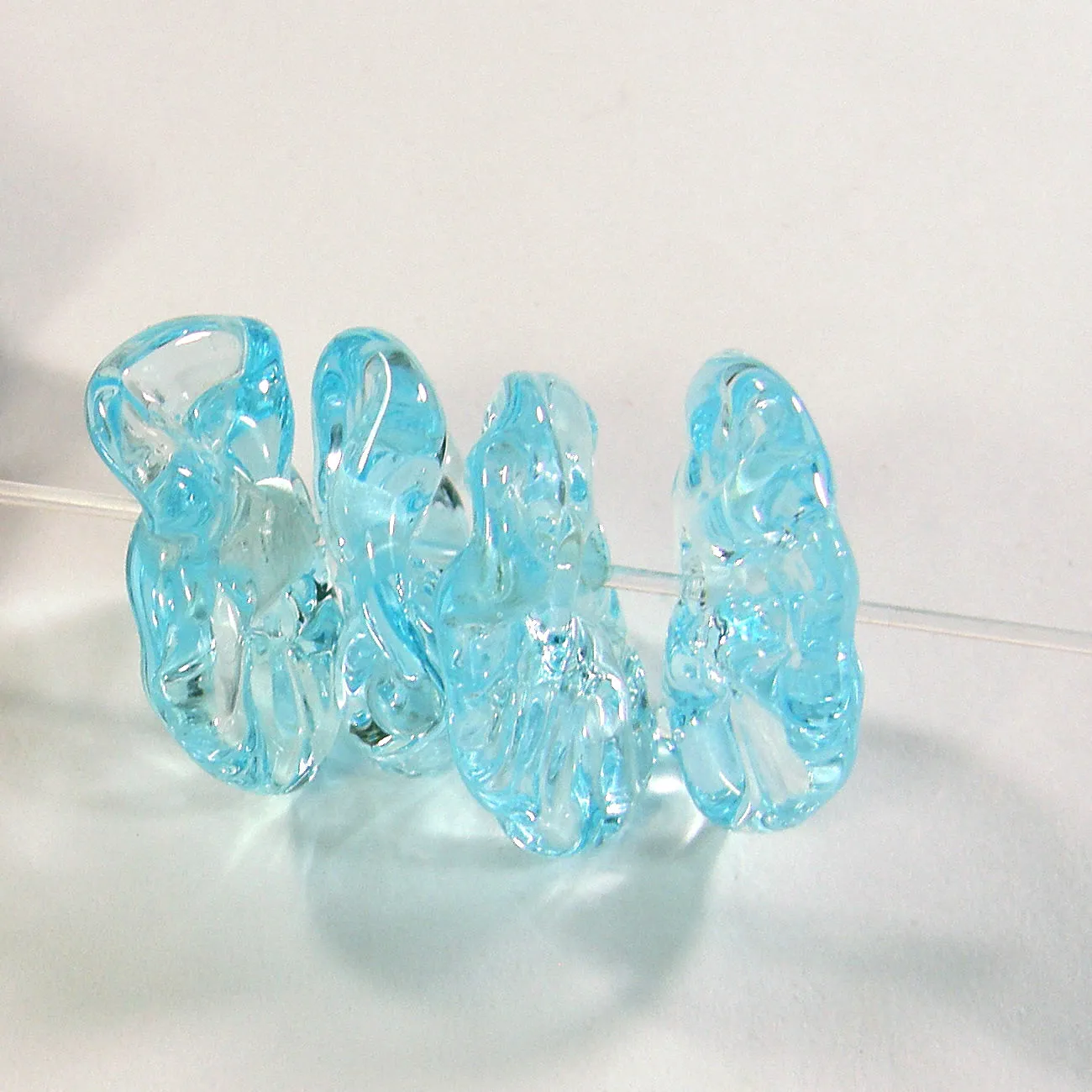 Handmade Lampwork Glass Bead Set, Pale Aqua Blue Wavy Beads Shiny