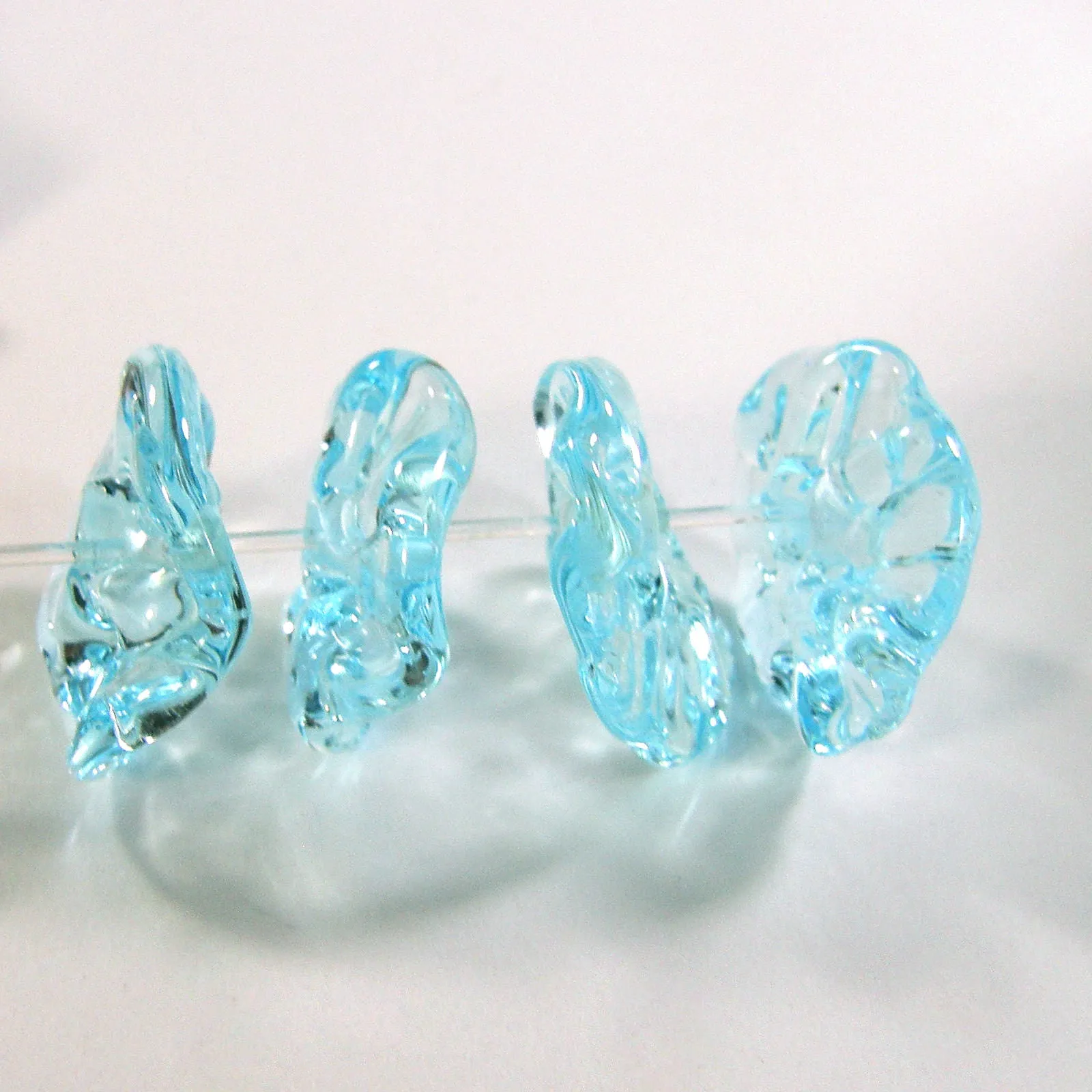 Handmade Lampwork Glass Bead Set, Pale Aqua Blue Wavy Beads Shiny