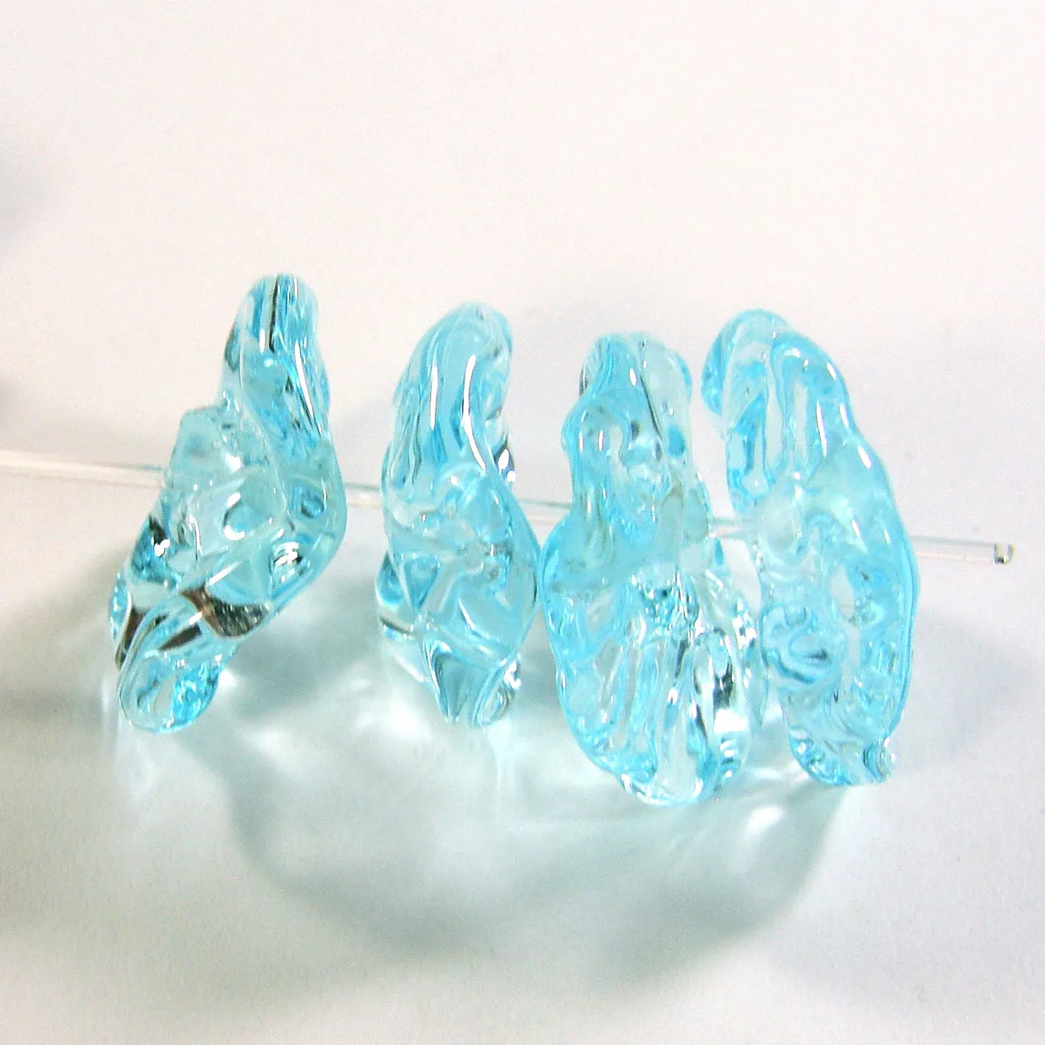 Handmade Lampwork Glass Bead Set, Pale Aqua Blue Wavy Beads Shiny