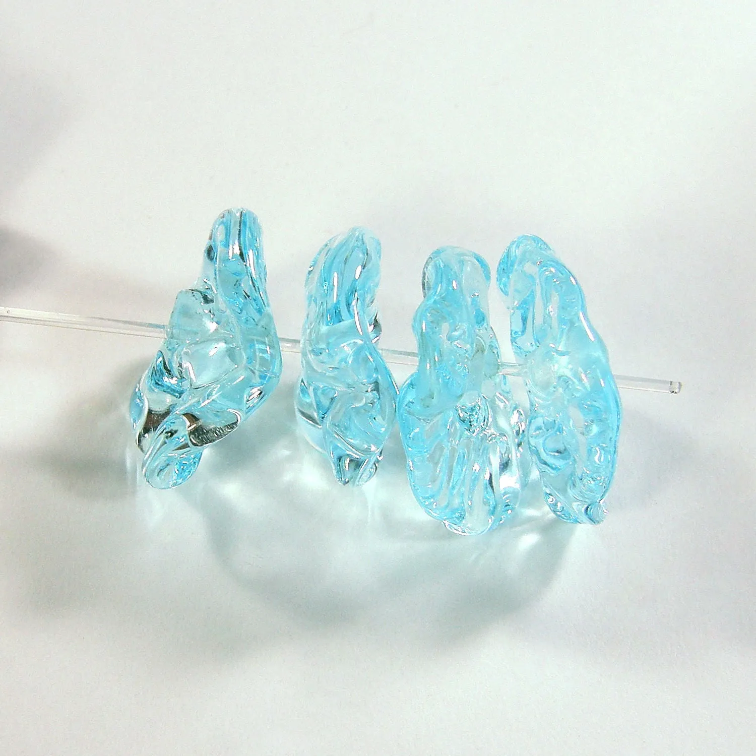 Handmade Lampwork Glass Bead Set, Pale Aqua Blue Wavy Beads Shiny