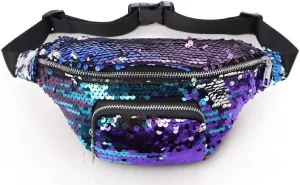Hands-Free Shiny Festival Pack Crossbody Bags for Rave Parties Glitter Fanny Pack for Women - Colorful Sequins Waist Pack with Adjustable Strap (Purple)
