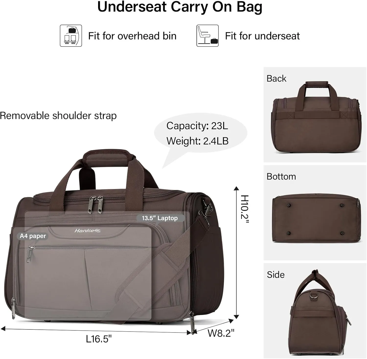 Hanke Foldable Underseat Carry On luggage Bag, Travel Tote Bag for Women & Men, Personal Item Travel Bag Softside Lightweight Luggage Bags for Travel Flight Crew Overnight Weekender Bag.Coffee