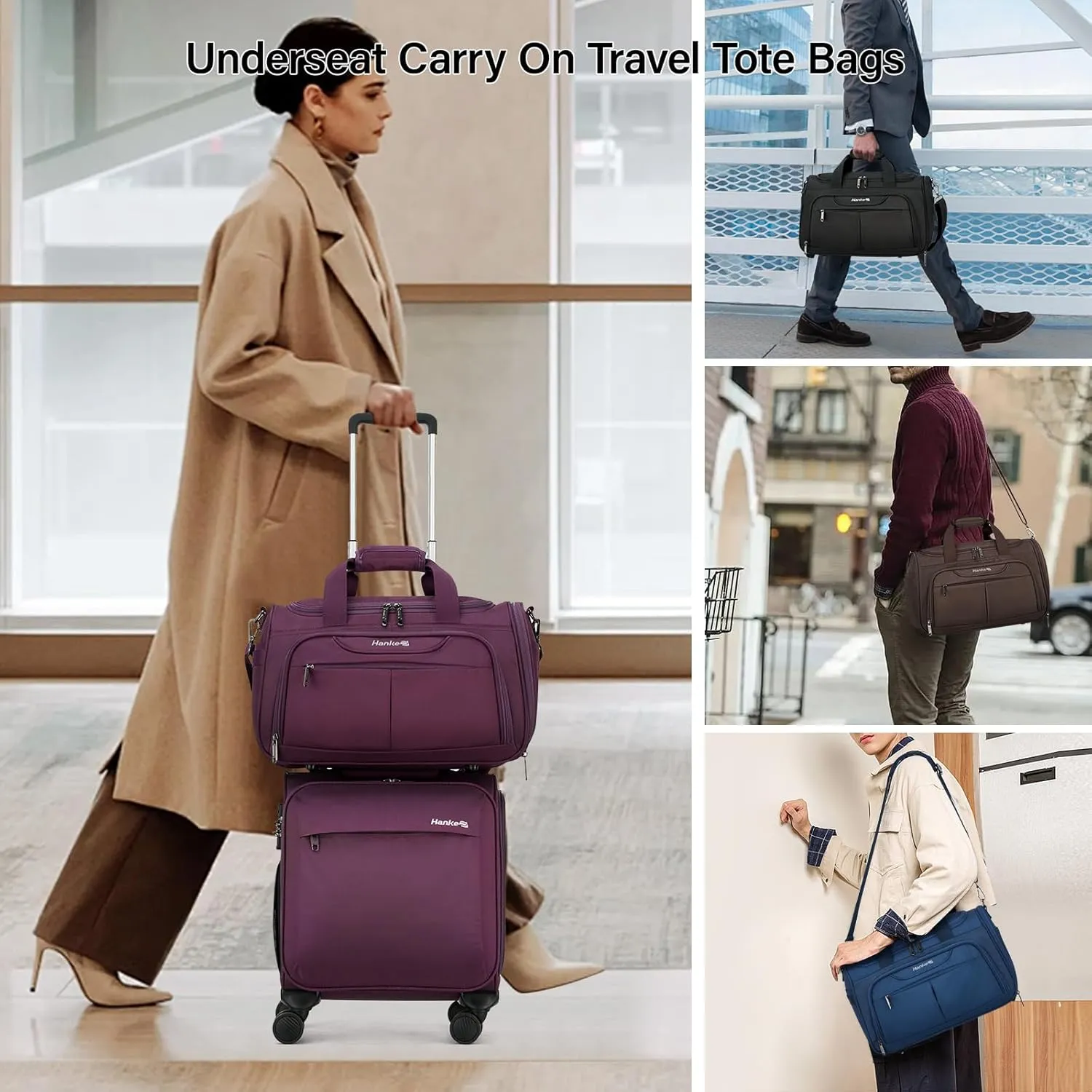 Hanke Foldable Underseat Carry On luggage Bag, Travel Tote Bag for Women & Men, Personal Item Travel Bag Softside Lightweight Luggage Bags for Travel Flight Crew Overnight Weekender Bag.Coffee