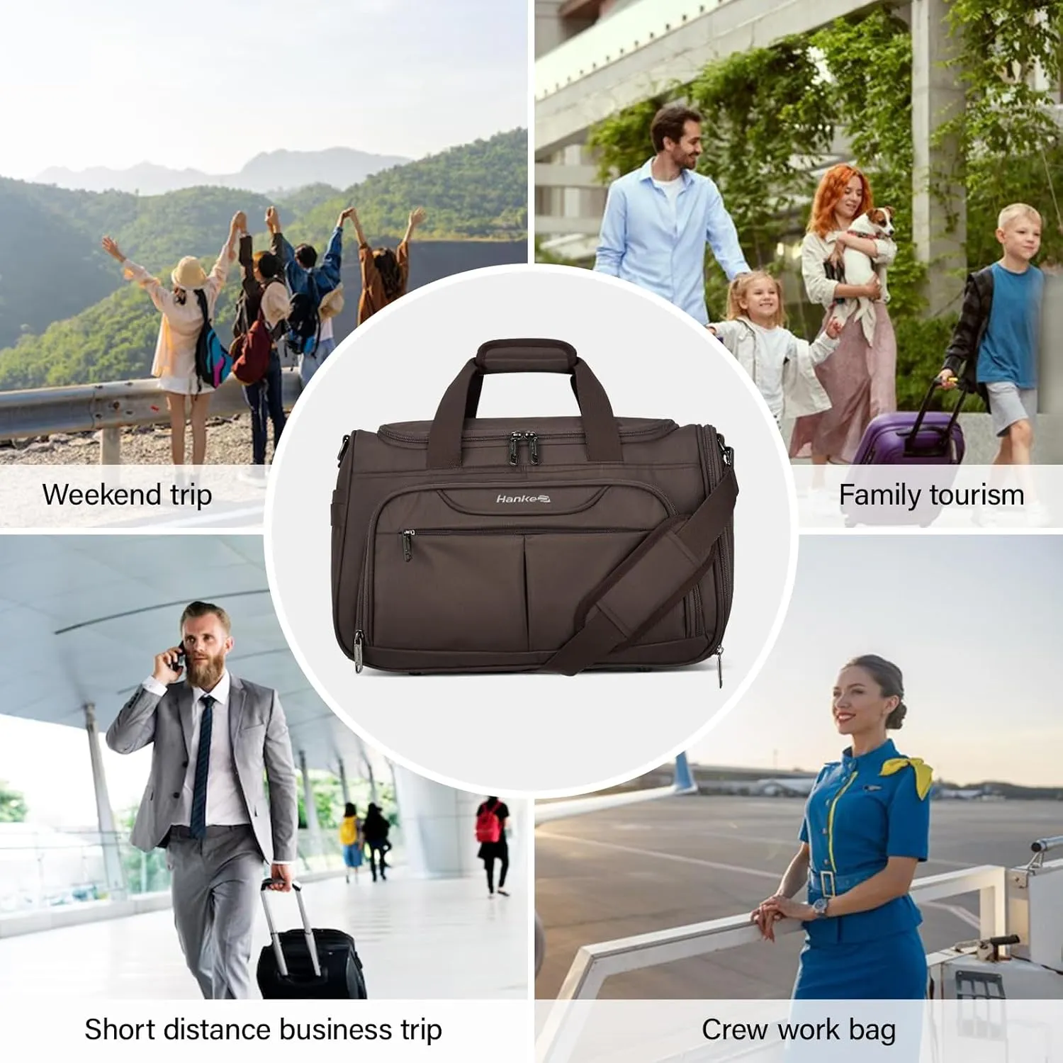 Hanke Foldable Underseat Carry On luggage Bag, Travel Tote Bag for Women & Men, Personal Item Travel Bag Softside Lightweight Luggage Bags for Travel Flight Crew Overnight Weekender Bag.Coffee