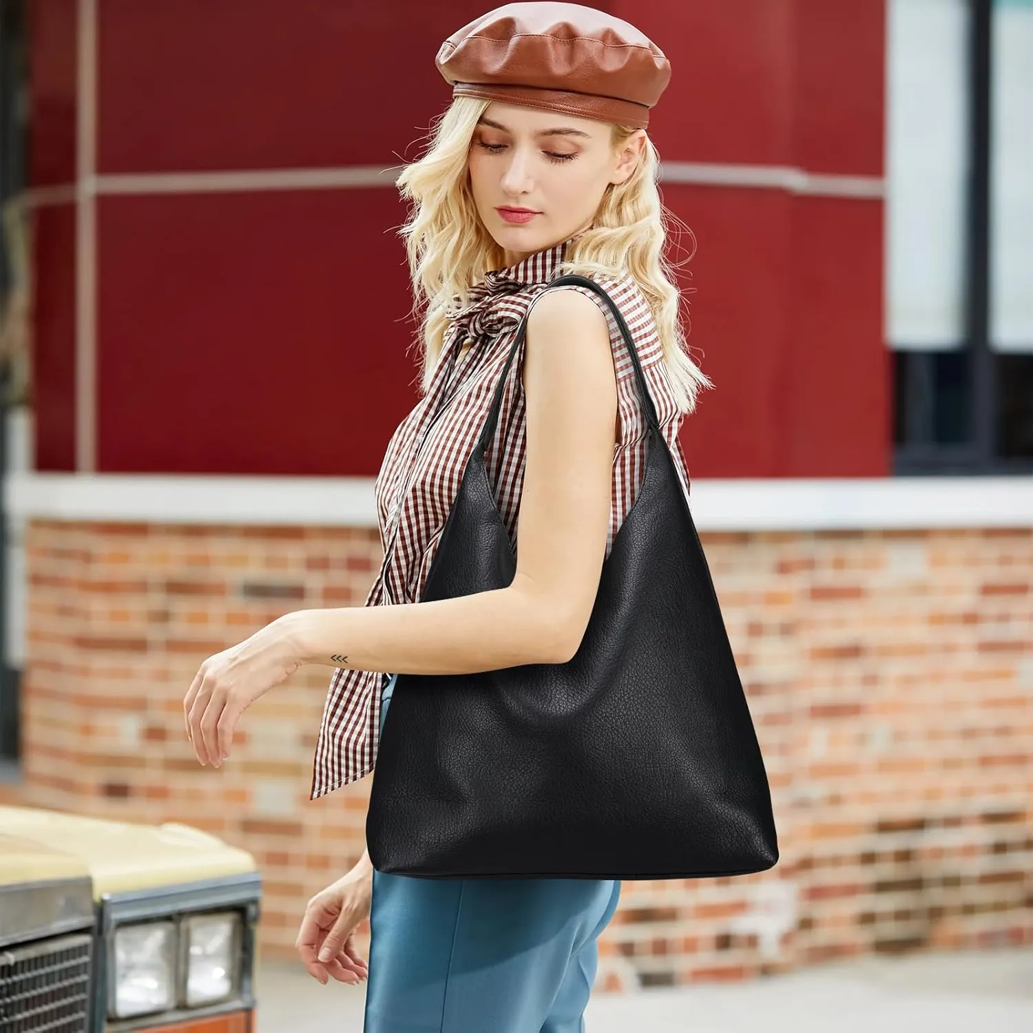 Hobo Bags for Women, Soft Vegan Leather Shoulder Handbags, Slouchy Tote Purses with Cosmetic Bag