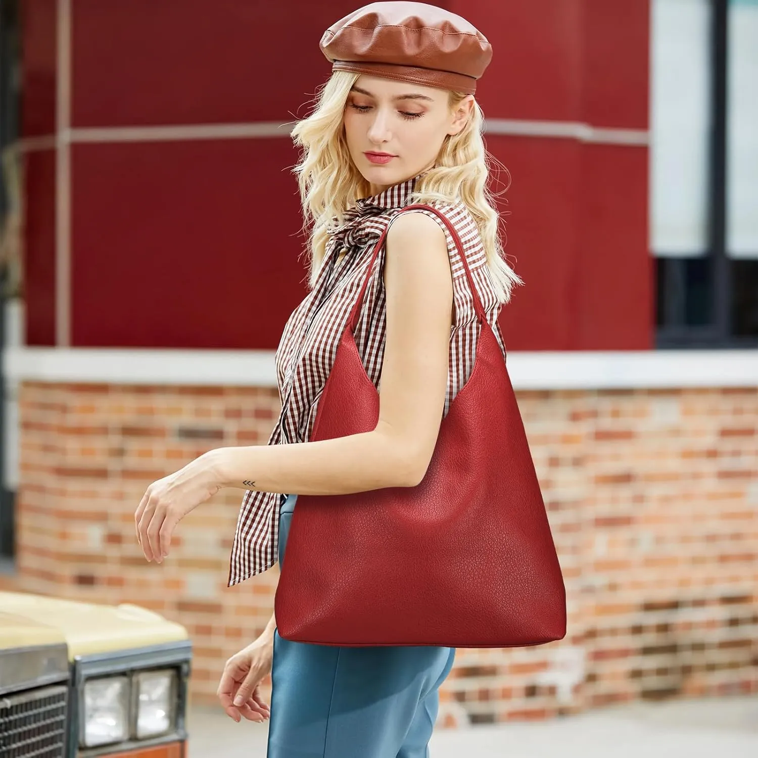 Hobo Bags for Women, Soft Vegan Leather Shoulder Handbags, Slouchy Tote Purses with Cosmetic Bag