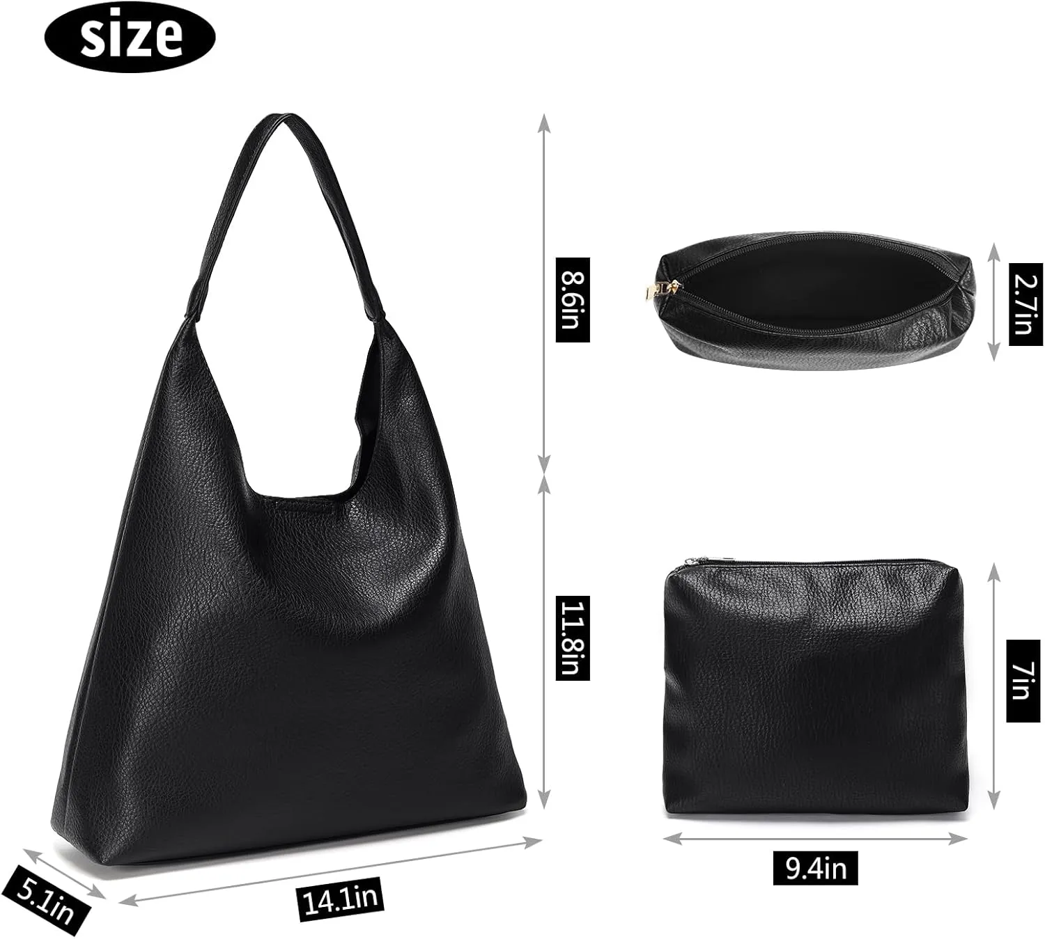 Hobo Bags for Women, Soft Vegan Leather Shoulder Handbags, Slouchy Tote Purses with Cosmetic Bag