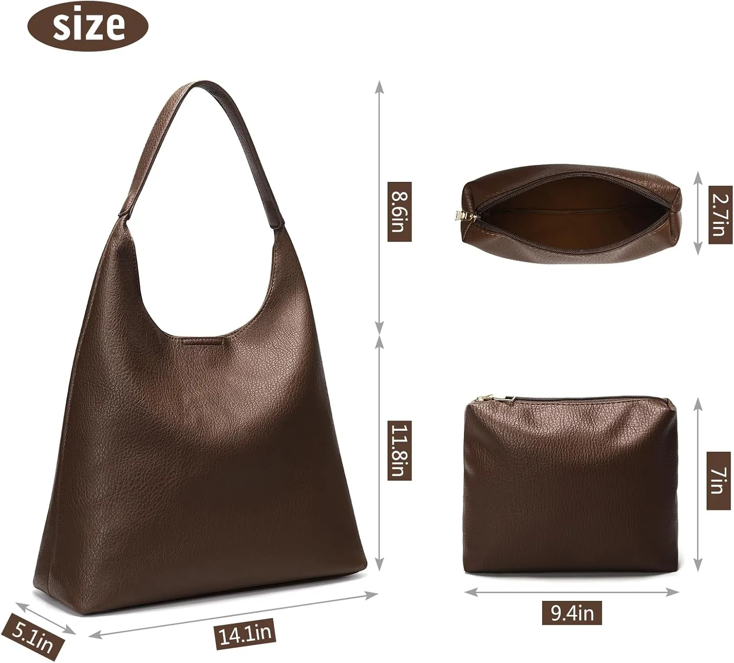 Hobo Bags for Women, Soft Vegan Leather Shoulder Handbags, Slouchy Tote Purses with Cosmetic Bag