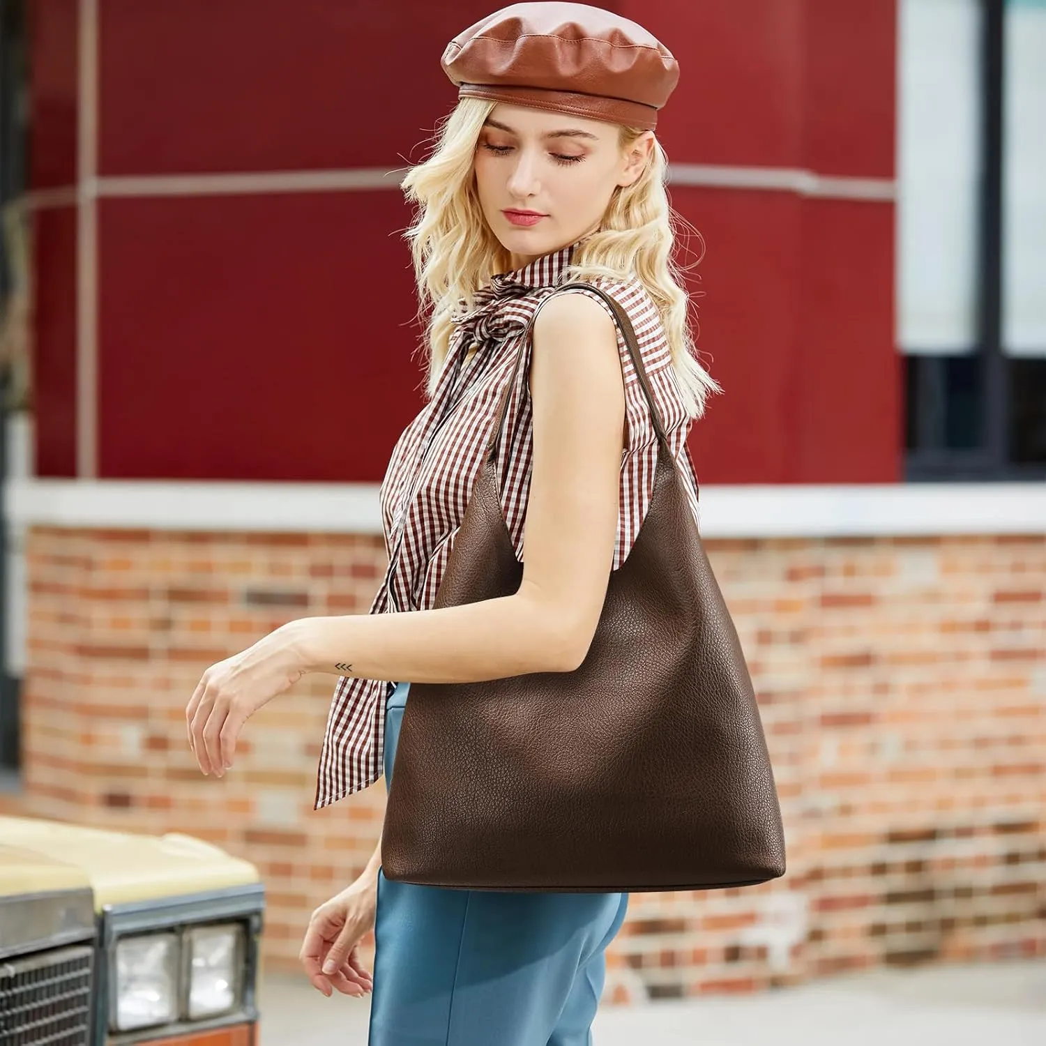 Hobo Bags for Women, Soft Vegan Leather Shoulder Handbags, Slouchy Tote Purses with Cosmetic Bag