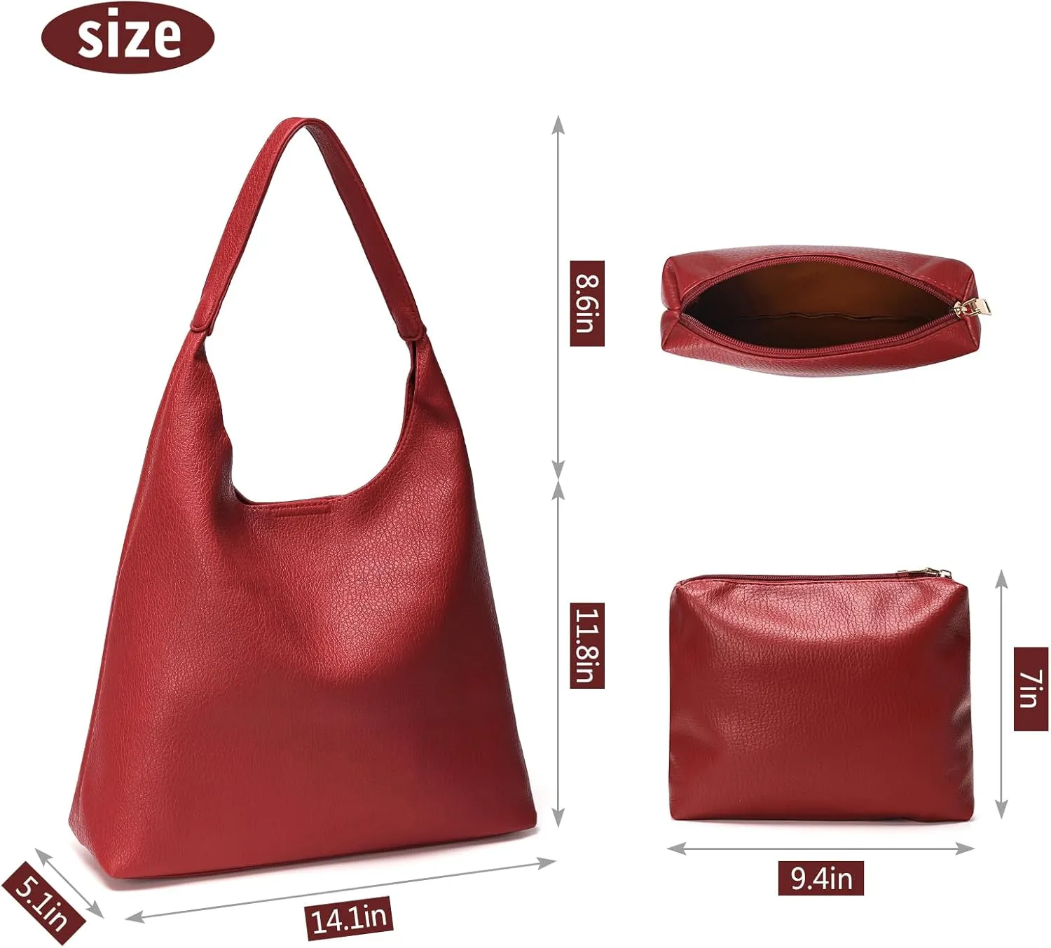 Hobo Bags for Women, Soft Vegan Leather Shoulder Handbags, Slouchy Tote Purses with Cosmetic Bag
