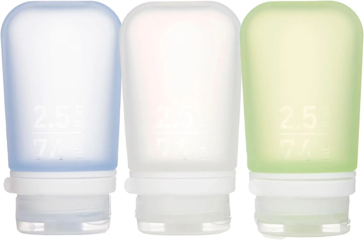 humangear GoToob  3-Pack (Medium) | Refillable Silicone Travel Bottle | Locking Lid | Food-Safe Material, Clear/Green/Blue, Medium (2.5 fl.oz.; 74ml)
