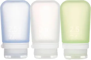 humangear GoToob  3-Pack (Medium) | Refillable Silicone Travel Bottle | Locking Lid | Food-Safe Material, Clear/Green/Blue, Medium (2.5 fl.oz.; 74ml)